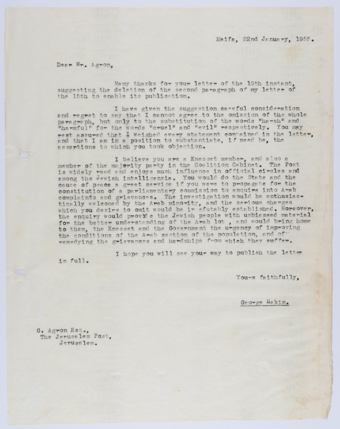 A Letter by Elyas Kusa to the Editor of the Jerusalem Post, January 1955