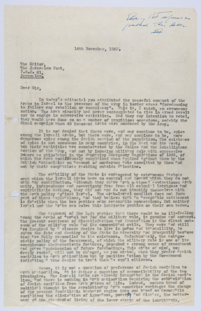 A Letter by Elyas Kusa to the Editor of the Jerusalem Post, November 1962