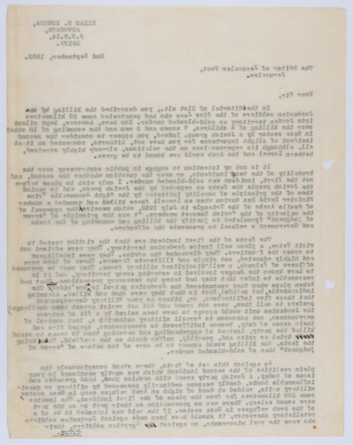 A Formal Letter by Ilyas Kusa to the Jerusalem Post, September 1953