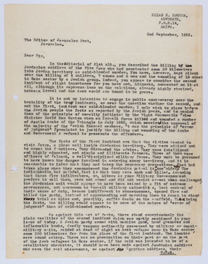 A Formal Letter by Ilyas Kusa to the Jerusalem Post, September 1953