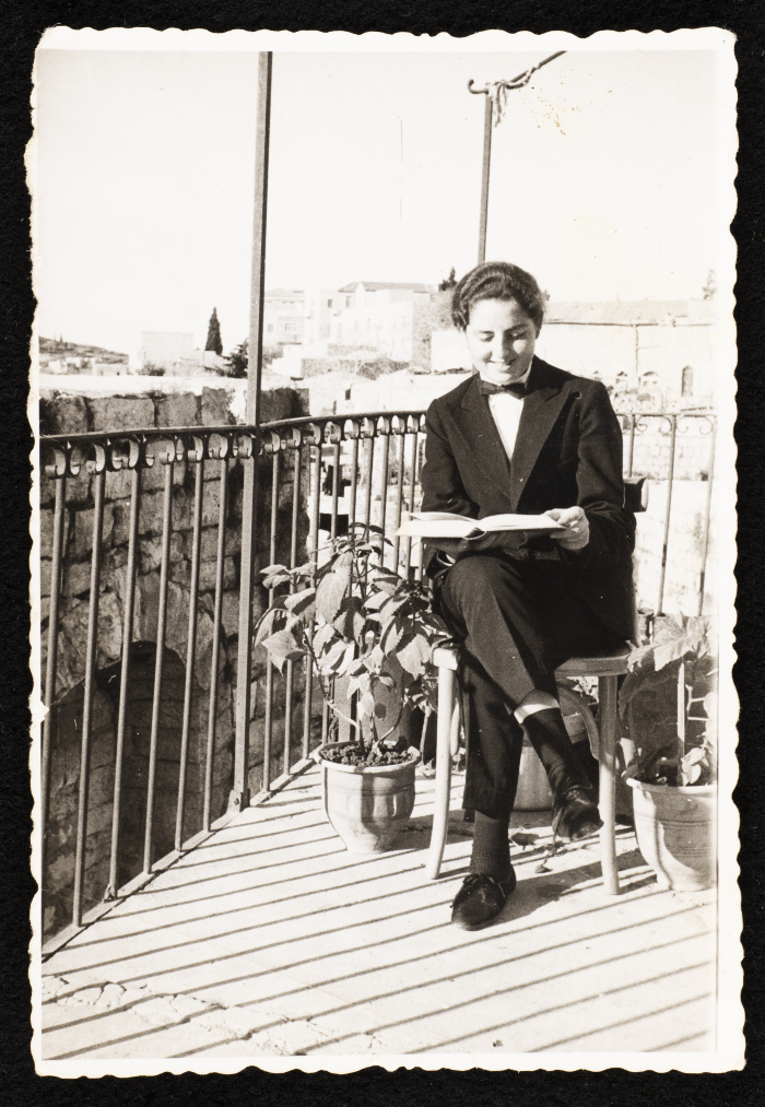 Georgette Khury in a Costume on the Balcony of her House in Birzeit 
