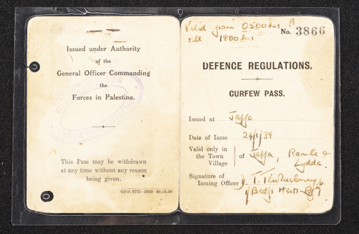 Ibrahim Qassiseh's Vehicle Entry Permit to Yaffa, Ramla, and Lod, 1939