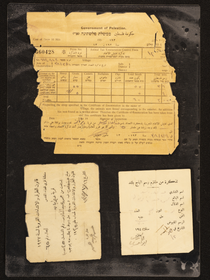 An Animal Tax Enumeration Control Form Issued by the Government of Palestine to Abdul-Qader Irshaid, a Purchase Receipt, and a Payment Receipt
