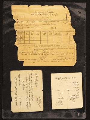 An Animal Tax Enumeration Control Form Issued by the Government of Palestine to Abdul-Qader Irshaid, a Purchase Receipt, and a Payment Receipt
