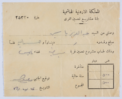 A Cash Receipt from the Villages Development Committee for ʿabdel-ʿaziz Hiwwari 