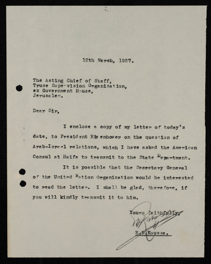 A Formal Letter by Ilyas Kusa to the Israel Acting Minister for Foreign Affairs, March 1957