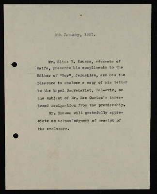 A Formal Letter by Ilyas Kusa to the Editor of Ner Newspaper, January 1961