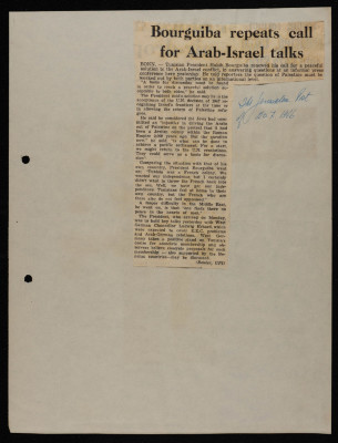 "Bourguiba repeats call for Arab-Israel talks", a Newspaper Clipping from the Jerusalem Post, July 1966