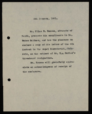 A Formal Letter by Ilyas Kusa to Nahum Goldmann, January 1961