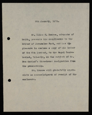 A Formal Letter by Ilyas Kusa to the Editor of the Jerusalem Post, January 1961
