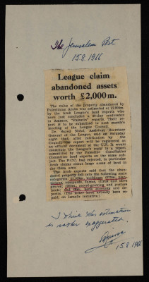 "League claim abandoned assets worth £2,000m", a Newspaper Clipping from the Jerusalem Post, August 1966