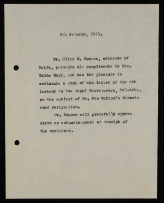 A Formal Letter by Ilyas Kusa to Golda Meir, January 1961