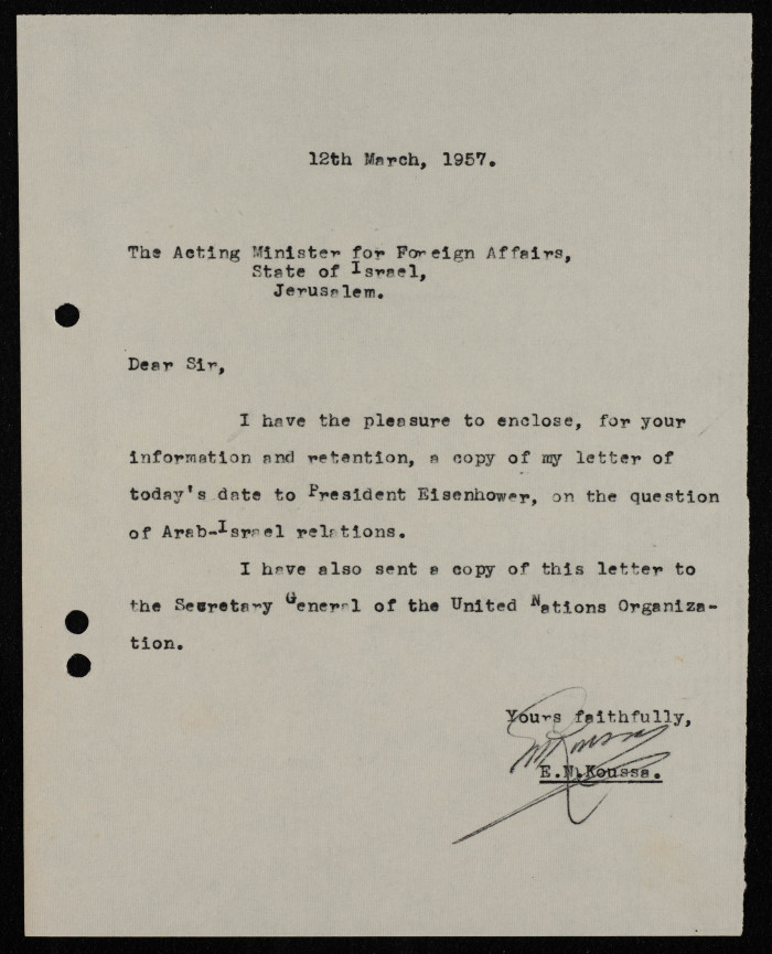 A Formal Letter by Ilyas Kusa to the Israel Acting Minister for Foreign Affairs, March 1957