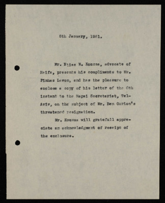  A Formal Letter by Ilyas Kusa to Pinhas Lavon, January 1961