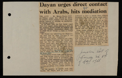 "Dayan urges direct contact with Arabs, hits mediation", a Newspaper Clipping from the Jerusalem Post, 1966