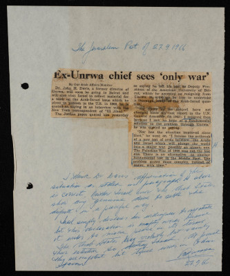 "رئيس الأونروا السابق يرى "الحرب فقط""، قصاصة من جريدة، صحيفة جيروسالم، أيلول 1966 