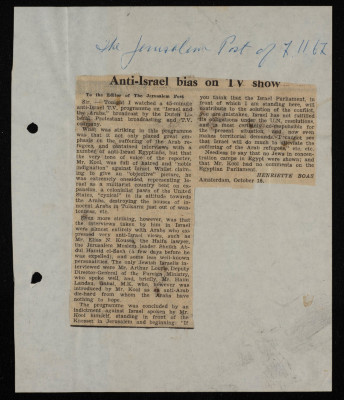 "Anti-Israel bias on TV show", a Newspaper Clipping from the Jerusalem Post, November 1967