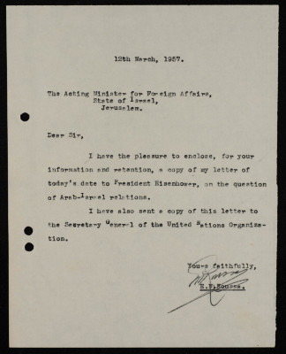 A Formal Letter by Ilyas Kusa to the Israel Acting Minister for Foreign Affairs, March 1957