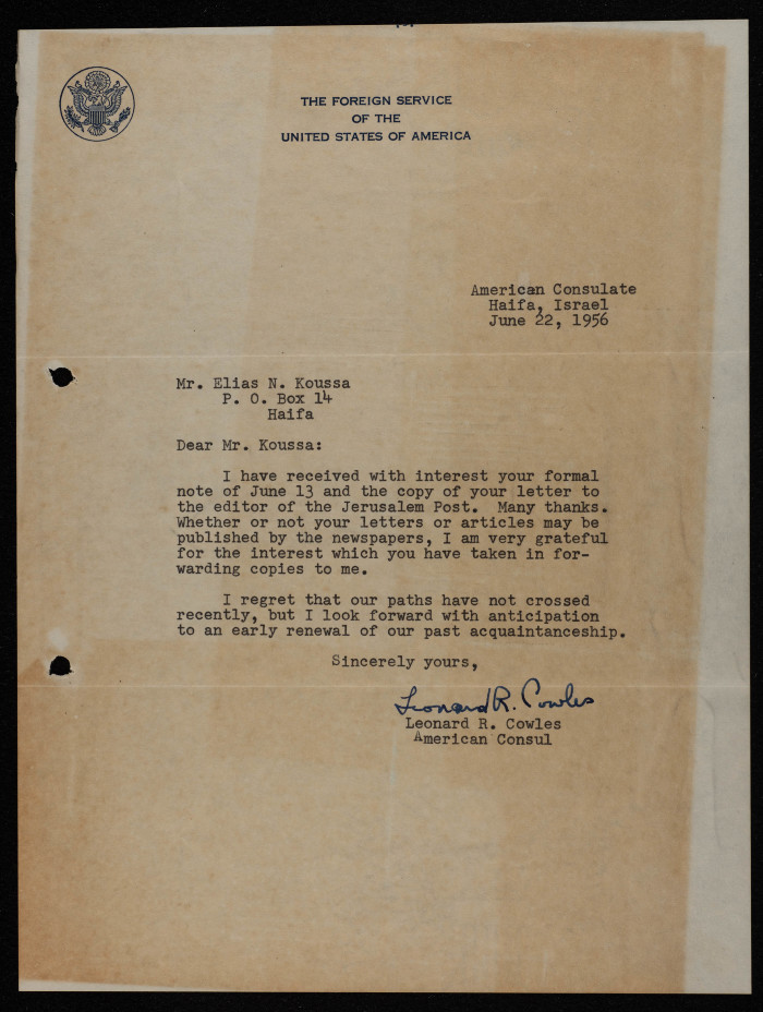 رسالة من الخدمات الخارجية للولايات المتحدة الأمريكية إلى إلياس كوسا، حزيران 1956 