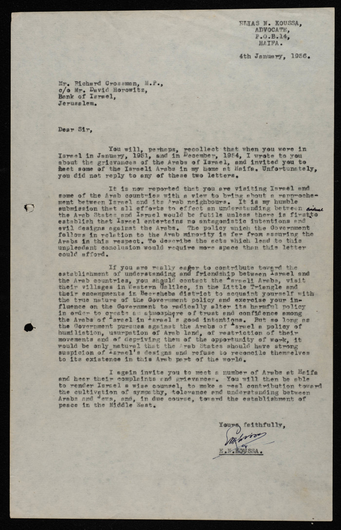A Formal Letter by Ilyas Kusa to Richard Crossman and David Horowitz, January 1956