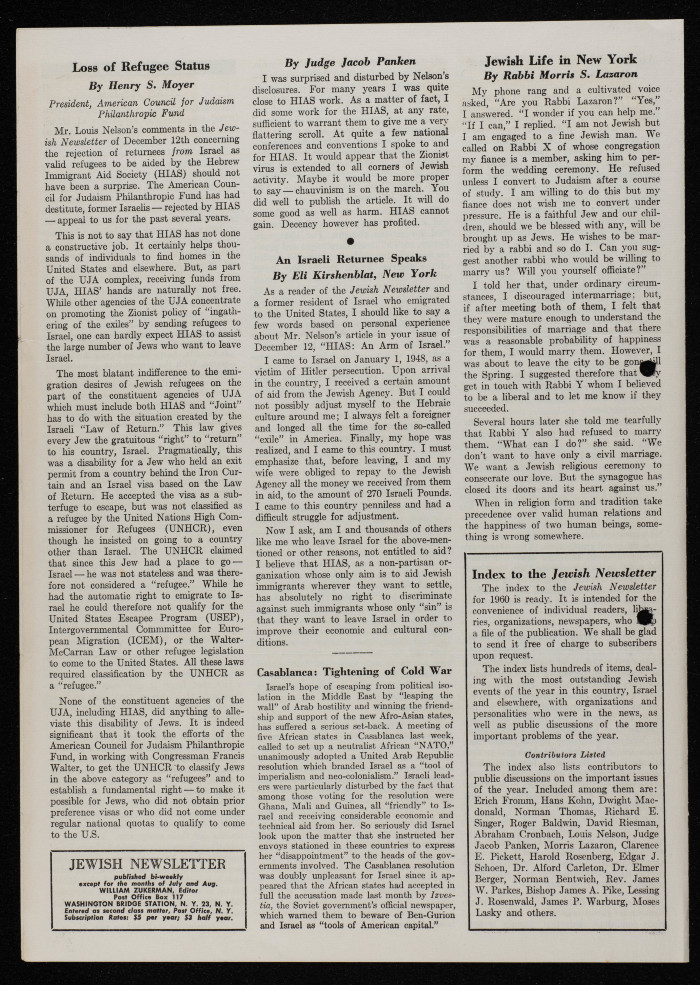 A Jewish Newsletter Published in Washington, DC, January 1961
