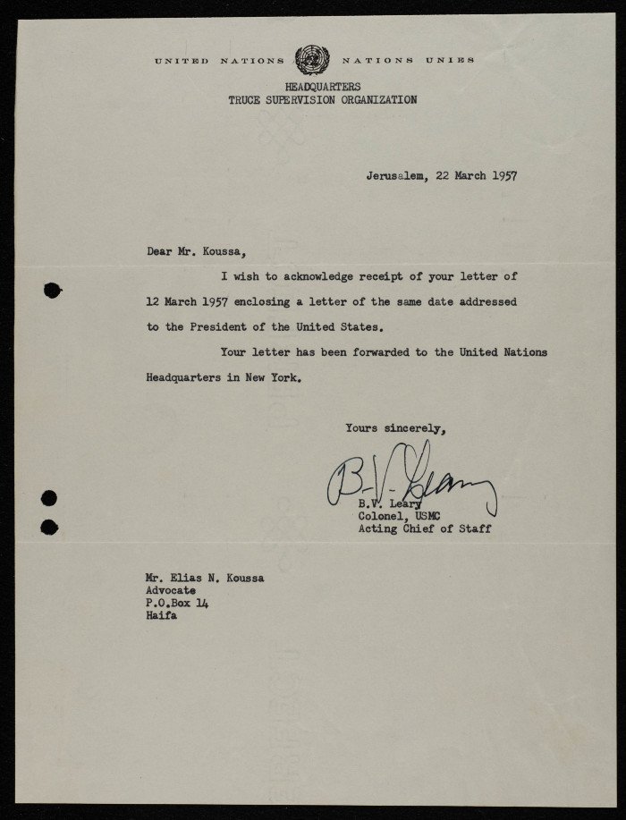 رسالة من هيئة الأمم المتحدة لمراقبة الهدنة إلى إلياس كوسا، آذار 1957