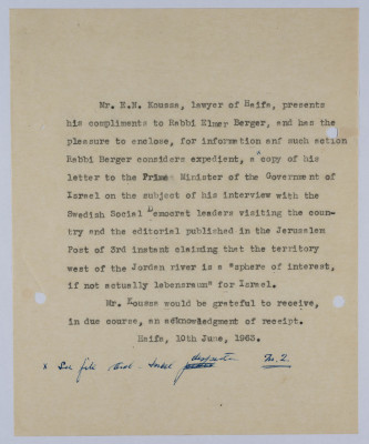 A Letter from Elyas Kusa to Rabbi Elmer Berger, June 1963
