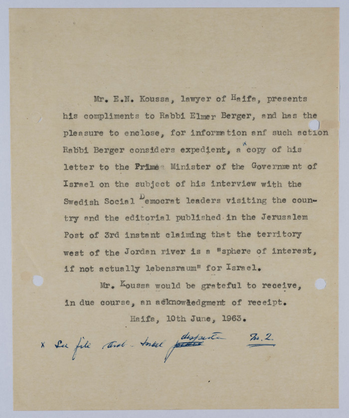 A Letter from Elyas Kusa to Rabbi Elmer Berger, June 1963

