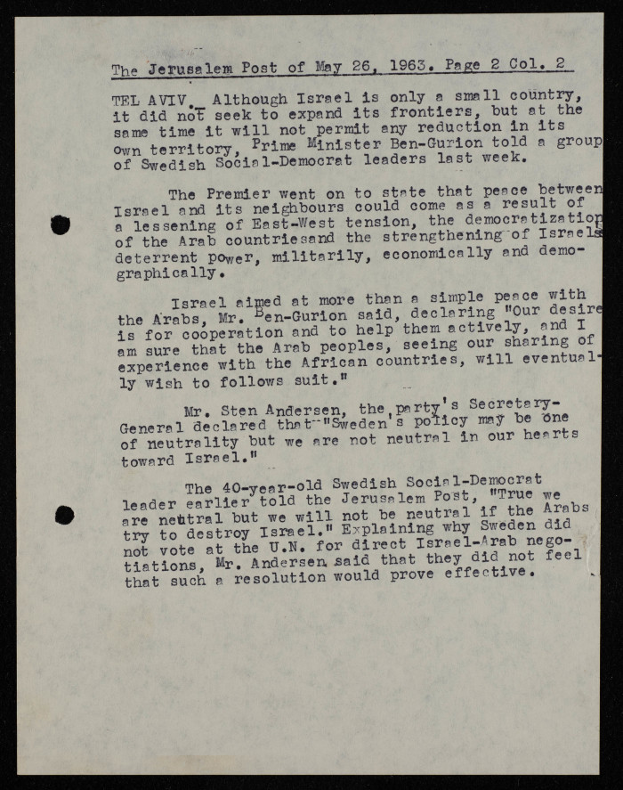 خطاب بن غوريون، وثيقة من صحيفة جيروسالم بوست، أيّار 1963 