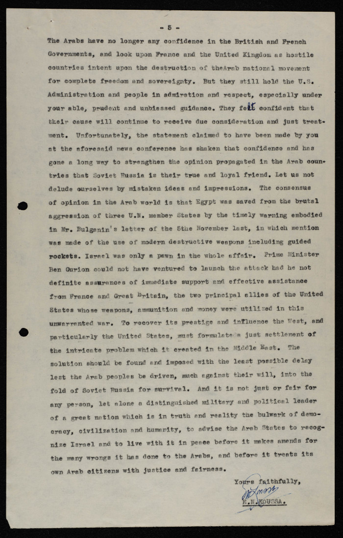 A Formal Letter by Ilyas Kusa to Dwight Eisenhower, March 1957