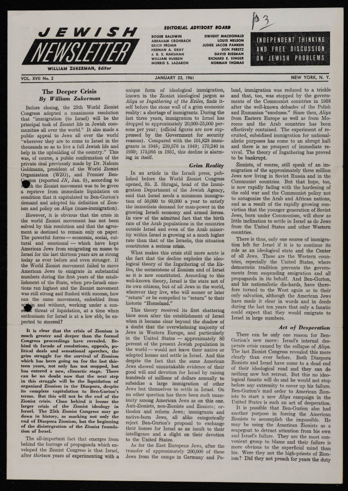 A Jewish Newsletter Published in Washington, DC, January 1961
