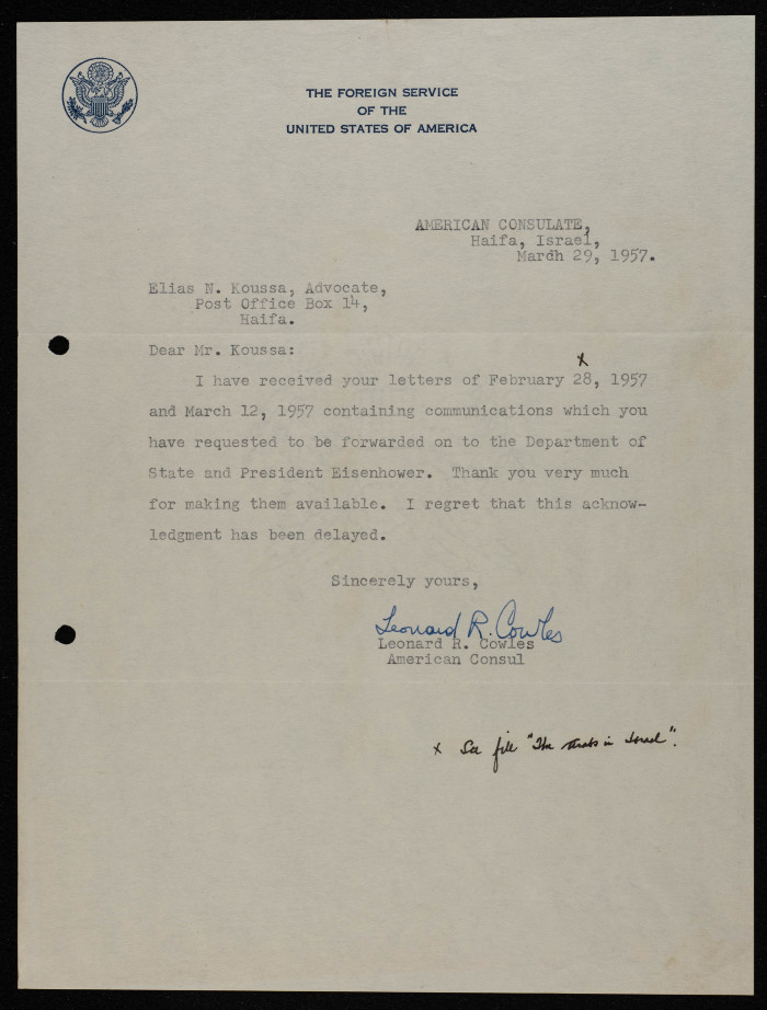 A Formal Letter by the American Consul to Ilyas Kusa, March 1957