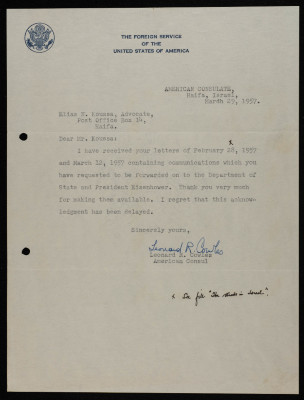 A Formal Letter by the American Consul to Ilyas Kusa, March 1957