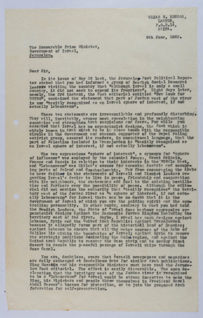 A Letter from Elyas Kusa to Levi Eshkol,1963