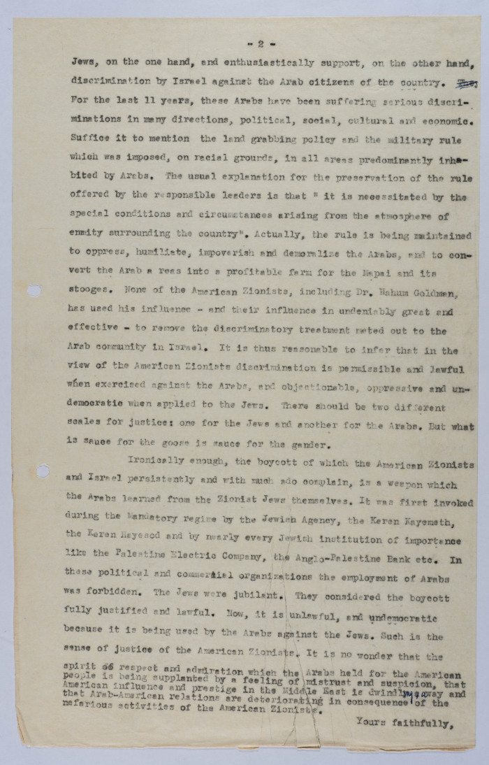 A Letter from Elyas Kusa to Mr. William Zukerman, 1959 