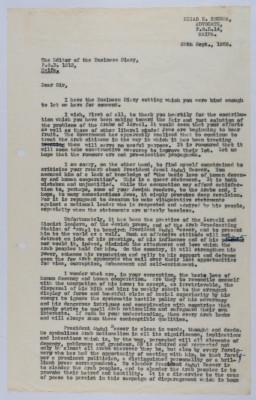 A Letter from Elyas Kusa to the Editor of the Business Diary Newspaper, 1958

