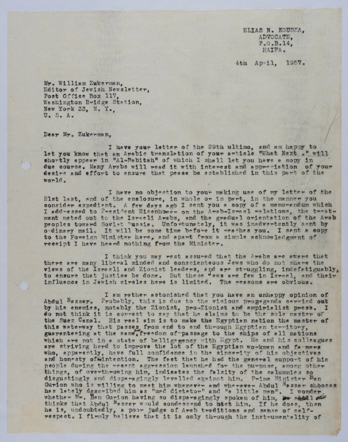 A Letter from Elyas Kusa to William Zuckerman, April 1957