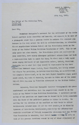 "Bourguiba and the Arab World", a Letter from Elyas Kusa to the Editor of The Jerusalem Post, 1965 