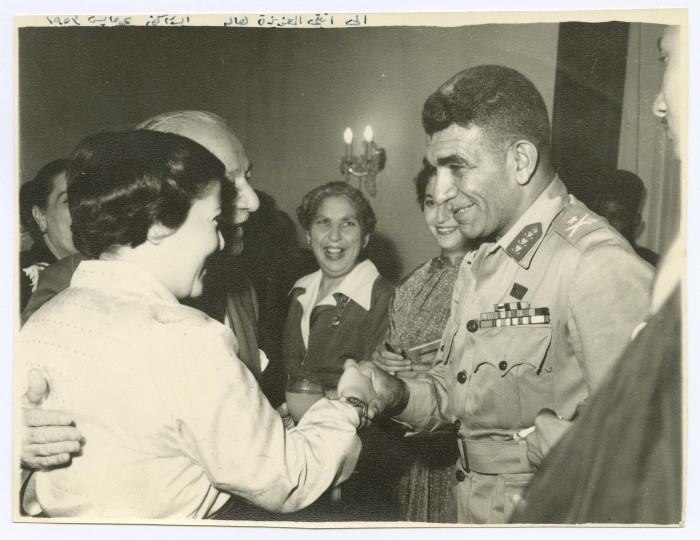 Hala Khalil Assakakini Shaking Hands with Mohammad Najeeb, Former Egyptian President, 1952