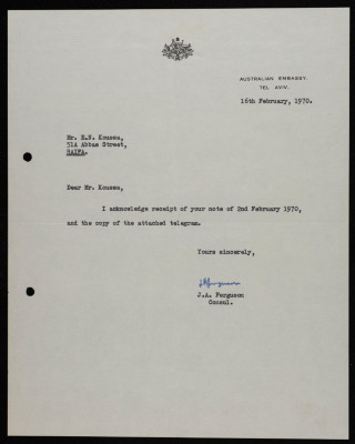 A Letter from the Australian Embassy to Elyas Kusa, 1970   