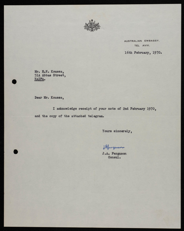 A Letter from the Australian Embassy to Elyas Kusa, 1970   