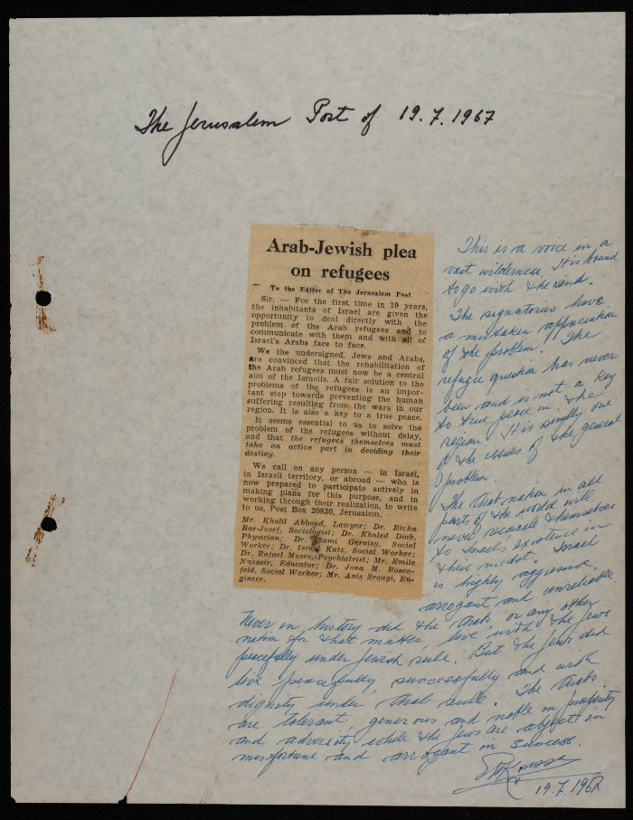 Arab-Jewish Plea on Refugees, a Paper Clipping, The Jerusalem Post, July 1967 