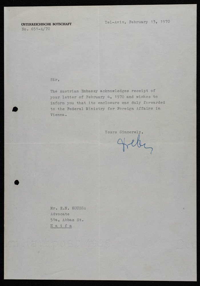 A Letter from the Austrian Embassy in Jerusalem to Elyas Kusa, 1970 
