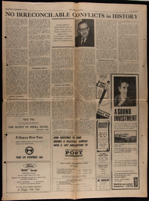 "No Irreconcilable Conflicts in History", a Paper Clipping, The Jerusalem Post, 1970 