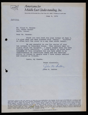 A Letter from John M.Sutton to Elyas Kusa, 1970 