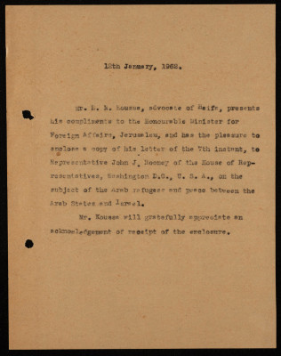 A Letter from Elyas Kusa to Golda Meir, 1962 
