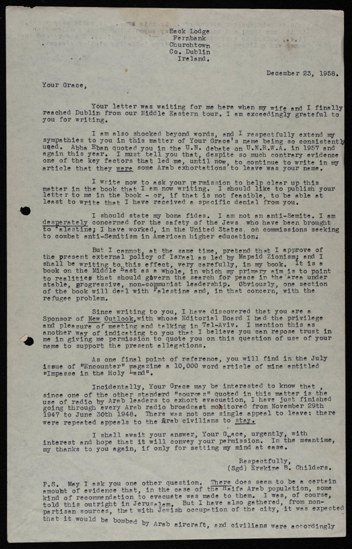 A Letter from Erskine Childers, 1958 