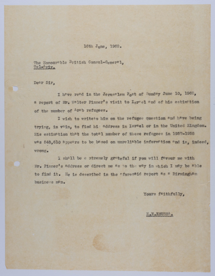 A Letter from Elyas Kusa to the British Consulate-General, June 1962 