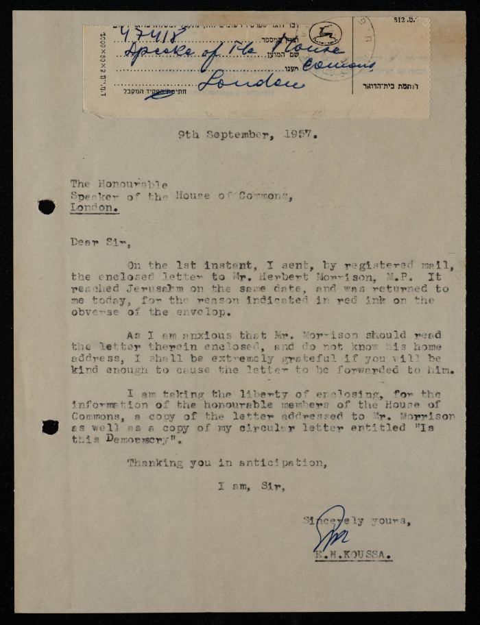 A Letter from Elyas Kusa to the Speaker of the House of Commons of the UK, September 1957