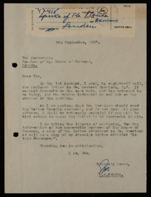 A Letter from Elyas Kusa to the Speaker of the House of Commons of the UK, September 1957